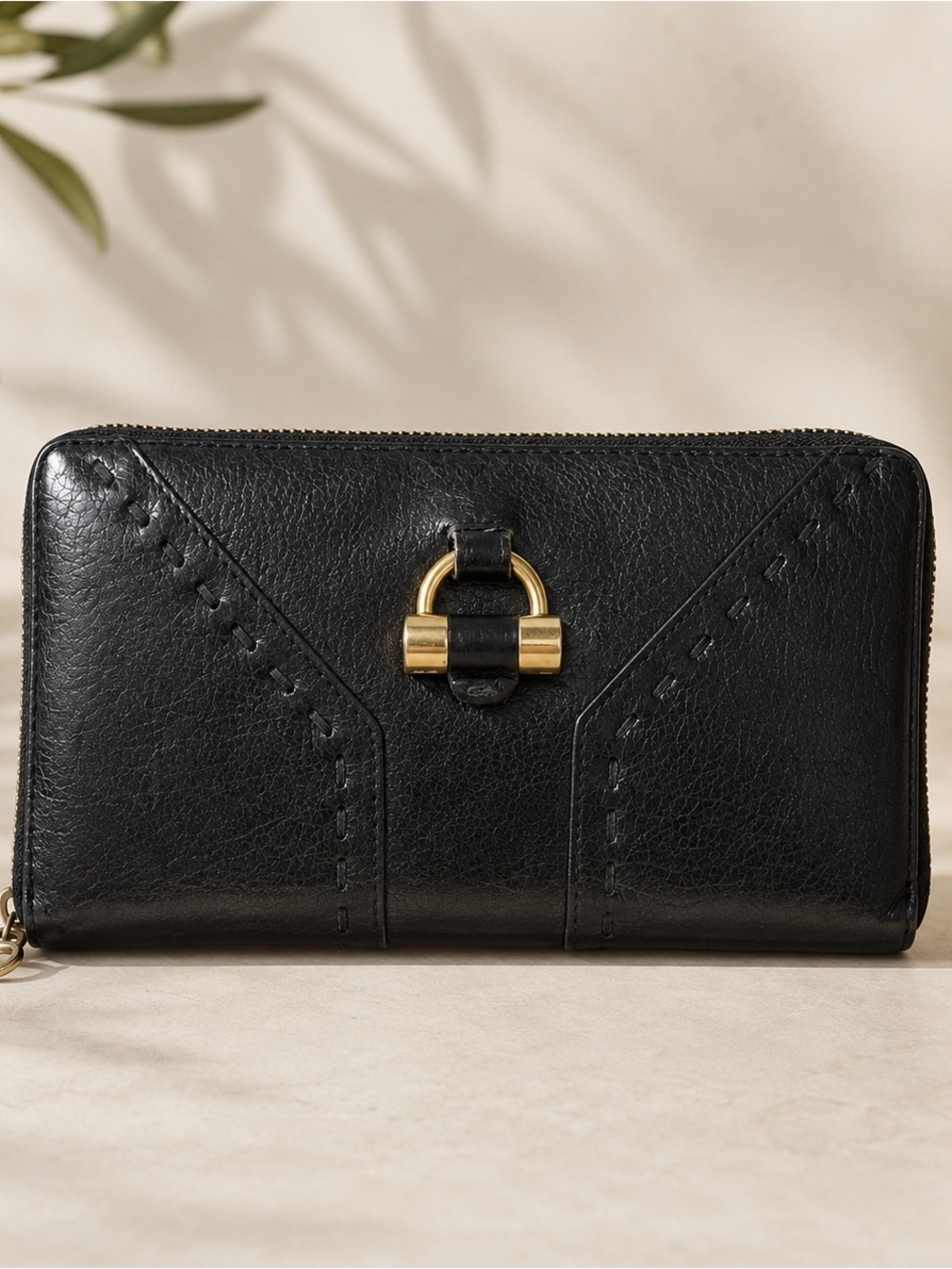 Yves Saint Laurent Paris Black Leather Zip Around Wallet with Gold Hardware